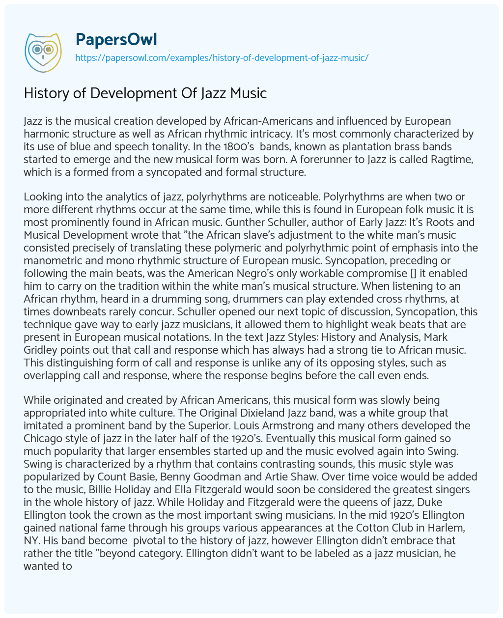 Essay on History of Development of Jazz Music