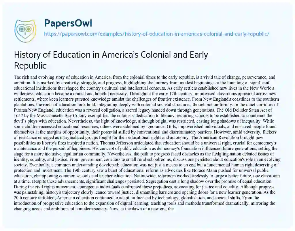 Essay on History of Education in America’s Colonial and Early Republic