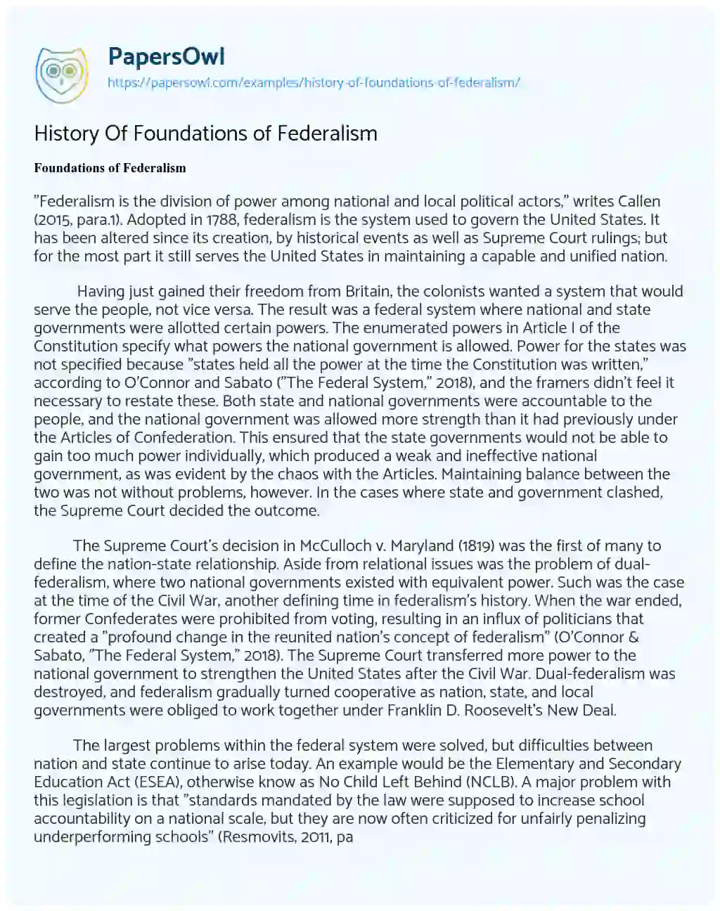 Essay on History of Foundations of Federalism