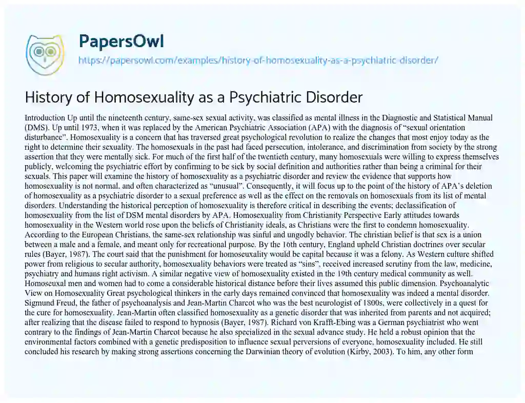 Essay on History of Homosexuality as a Psychiatric Disorder
