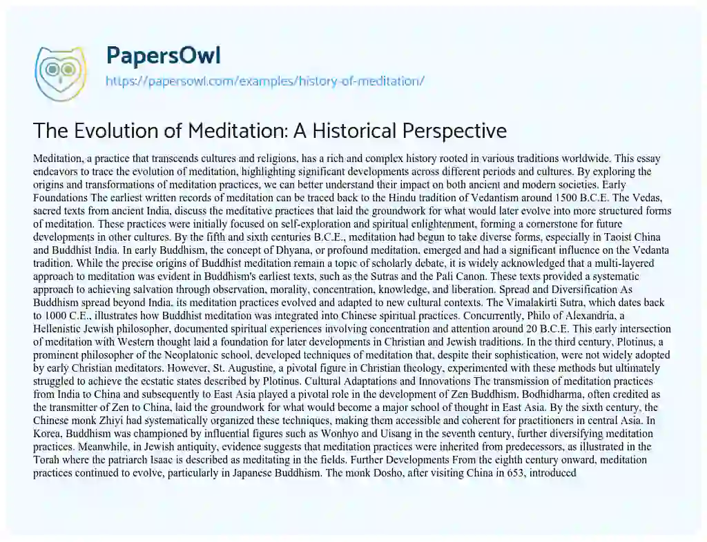 Essay on History of Meditation