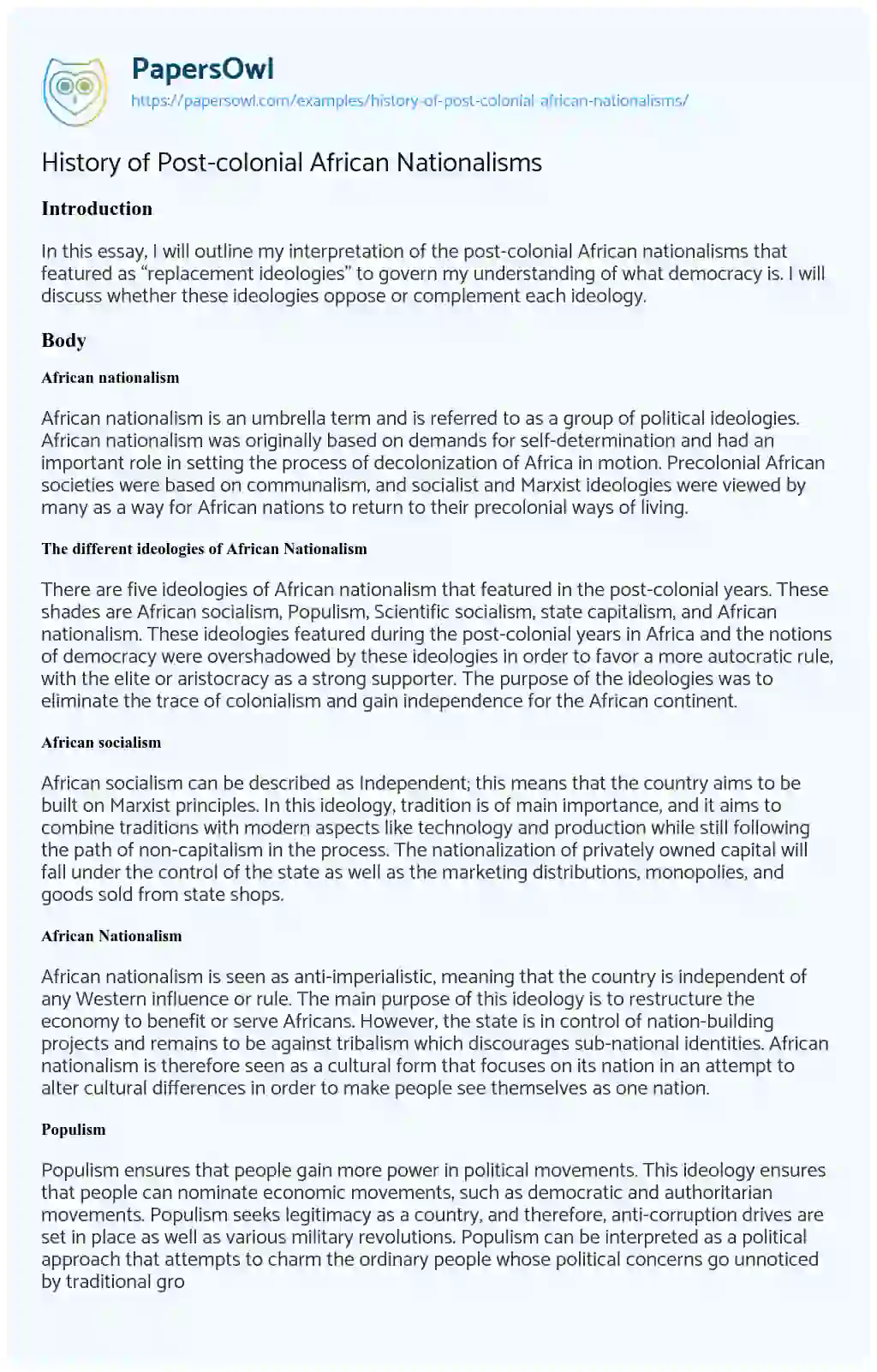 Essay on History of Post-colonial African Nationalisms