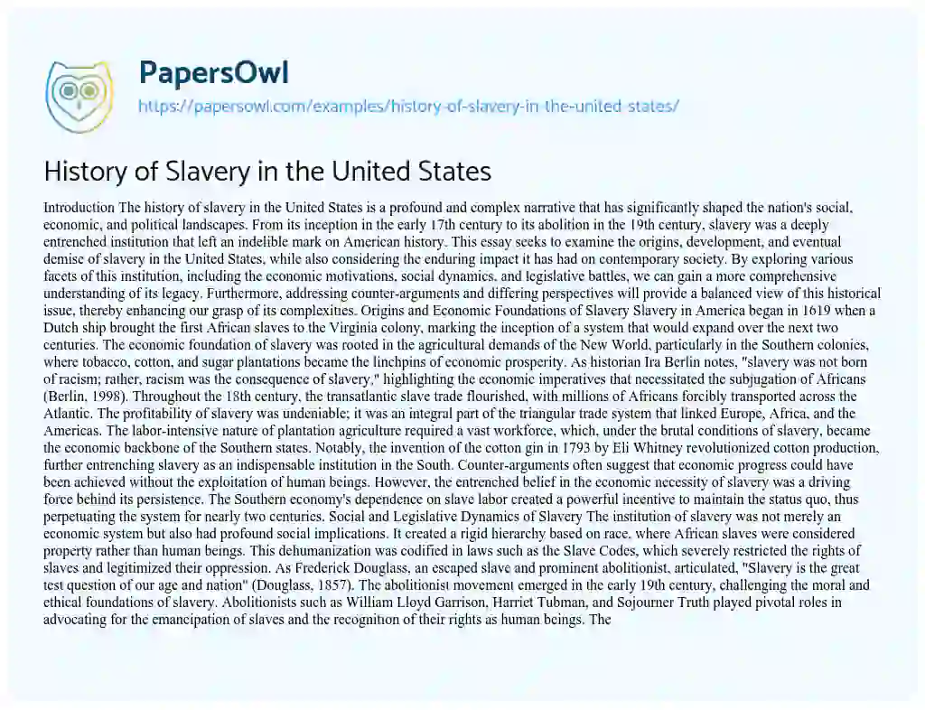 Essay on History of Slavery in the United States
