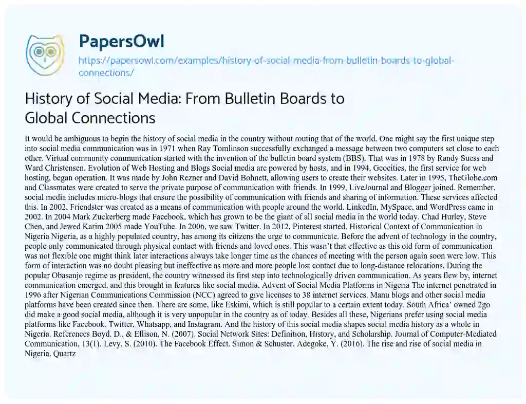 Essay on History of Social Media: from Bulletin Boards to Global Connections