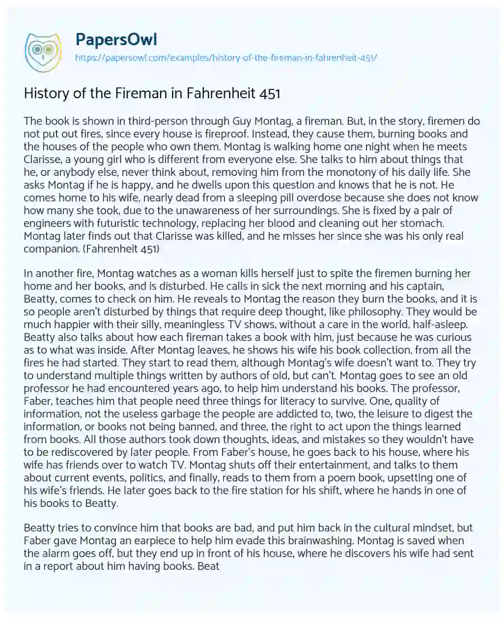 Essay on History of the Fireman in Fahrenheit 451