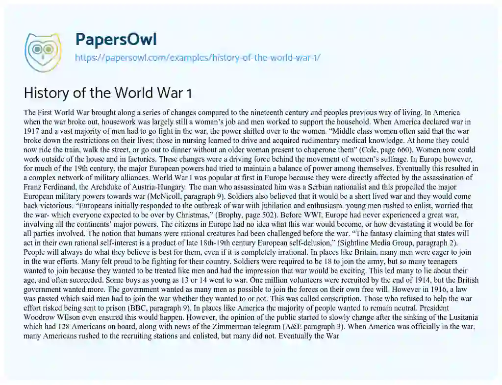 Essay on History of the World War 1