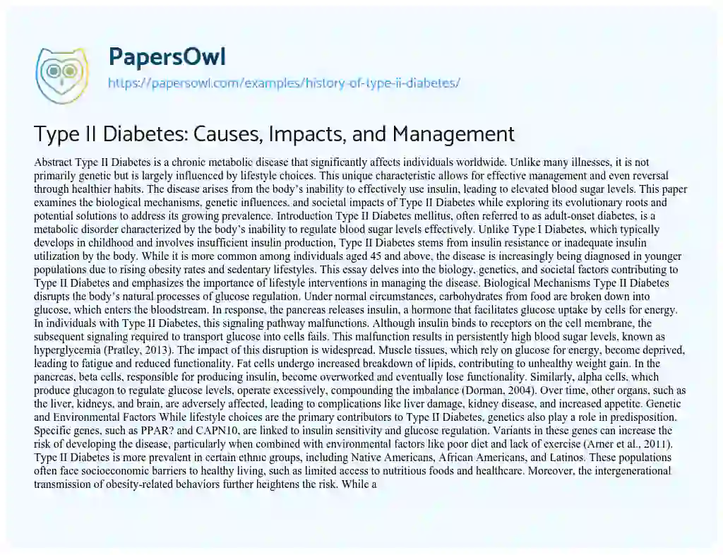 Essay on History of Type II Diabetes