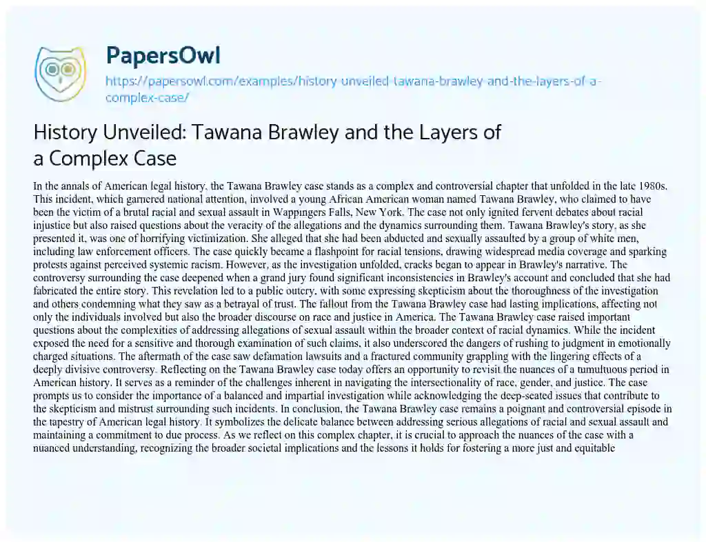 Essay on History Unveiled: Tawana Brawley and the Layers of a Complex Case