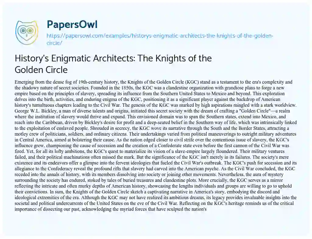 Essay on History’s Enigmatic Architects: the Knights of the Golden Circle