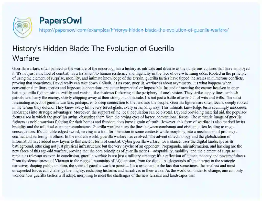 Essay on History’s Hidden Blade: the Evolution of Guerilla Warfare
