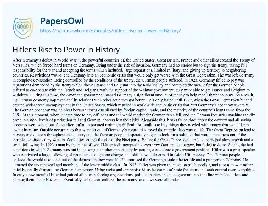 Essay on Hitler’s Rise to Power in History