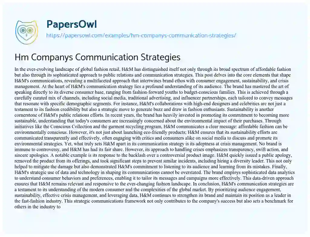 Essay on Hm Companys Communication Strategies