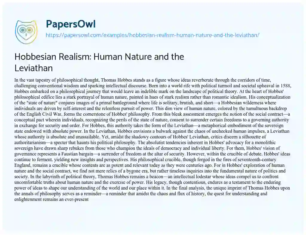 Essay on Hobbesian Realism: Human Nature and the Leviathan