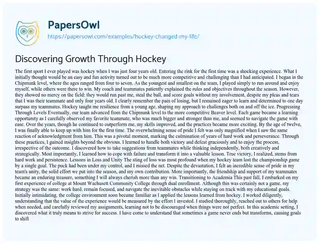 Essay on Hockey Changed my Life