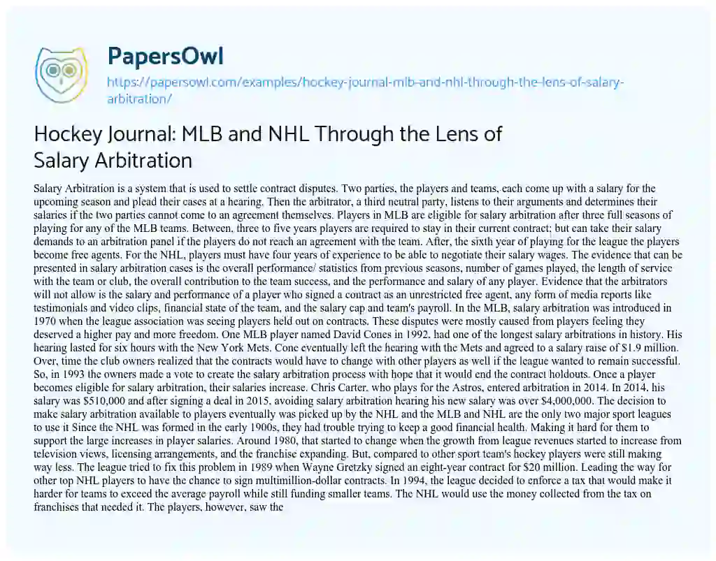 Essay on Hockey Journal: MLB and NHL through the Lens of Salary Arbitration