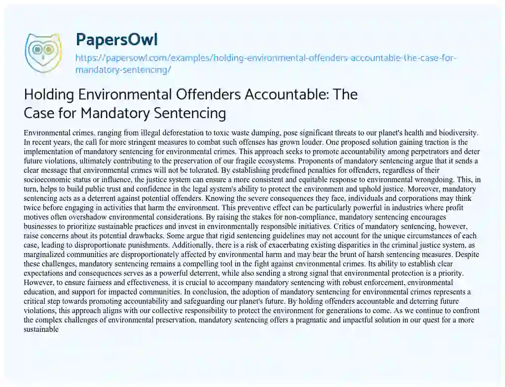 Essay on Holding Environmental Offenders Accountable: the Case for Mandatory Sentencing