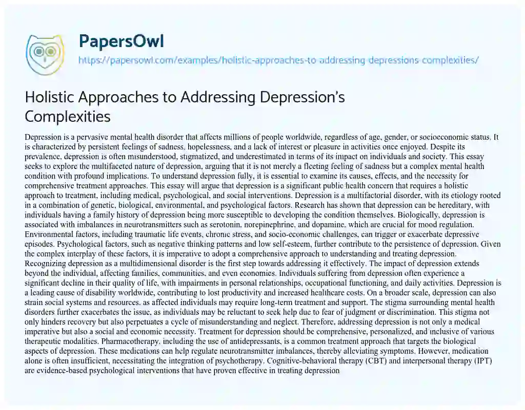 Essay on Holistic Approaches to Addressing Depression’s Complexities
