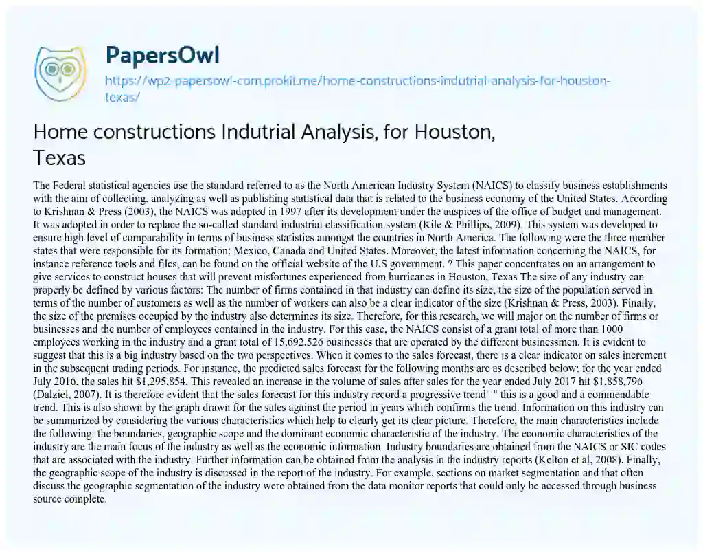 Essay on Home Constructions Indutrial Analysis, for Houston, Texas