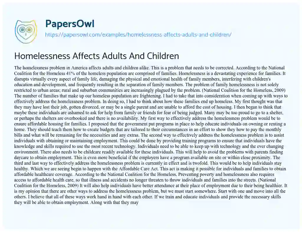 Homelessness Affects Adults and Children essay