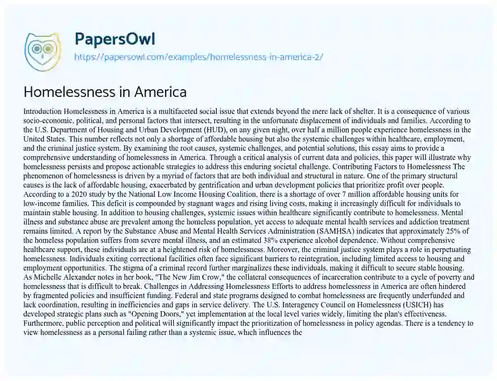 Essay on Homelessness in America