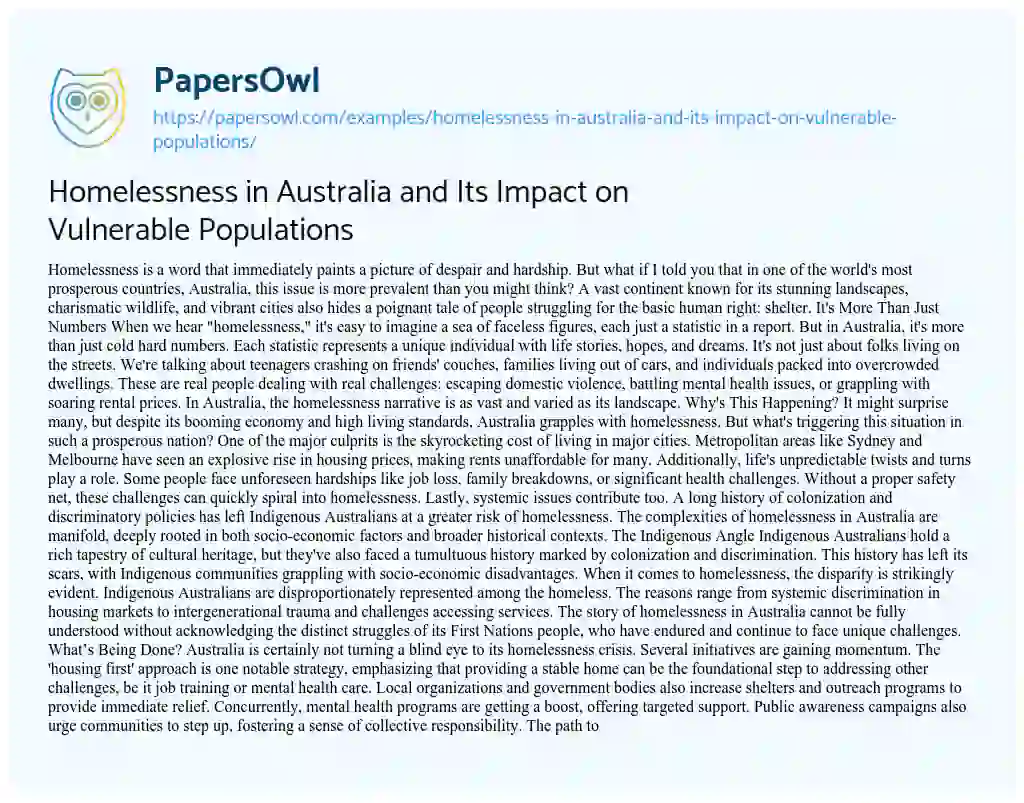 Essay on Homelessness in Australia and its Impact on Vulnerable Populations