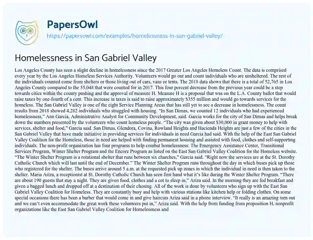 Essay on Homelessness in San Gabriel Valley