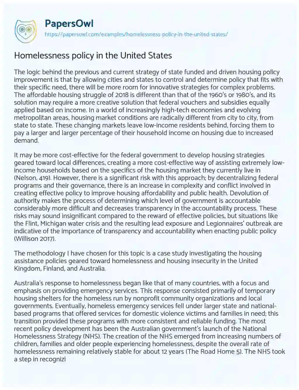 Essay on Homelessness Policy in the United States