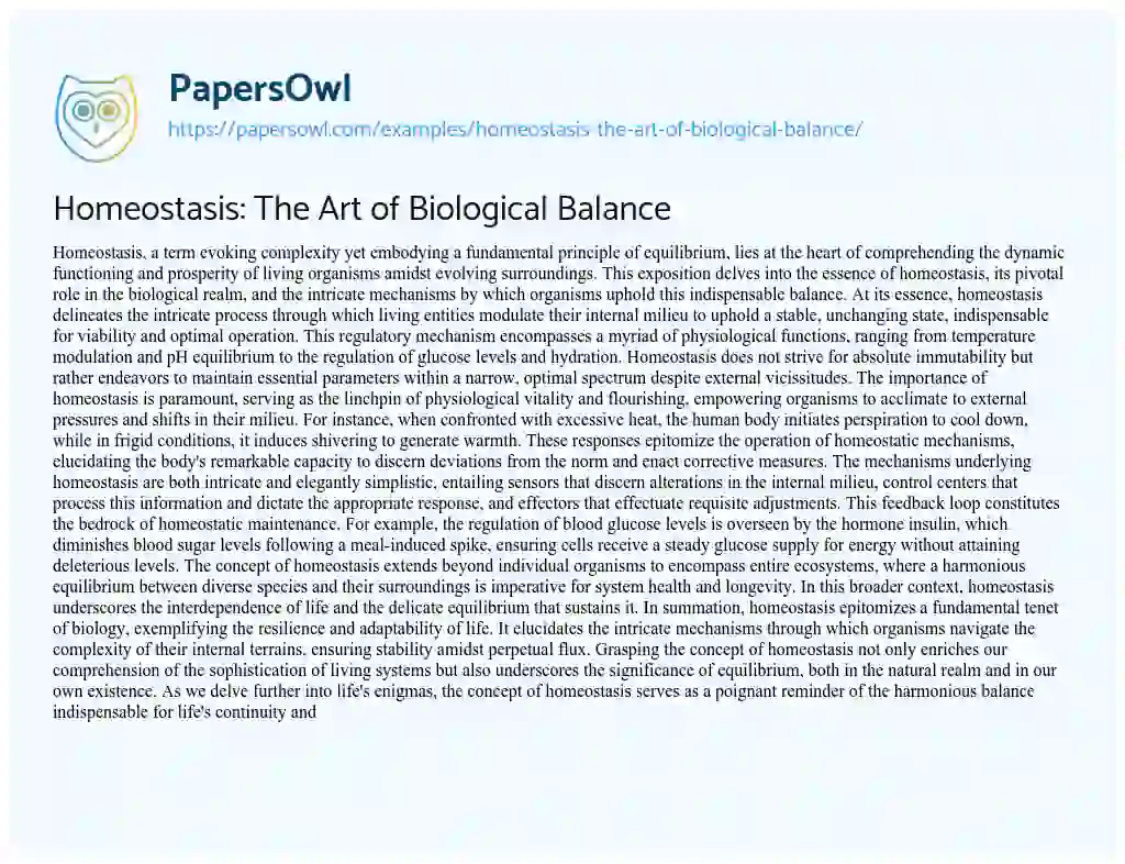 Essay on Homeostasis: the Art of Biological Balance