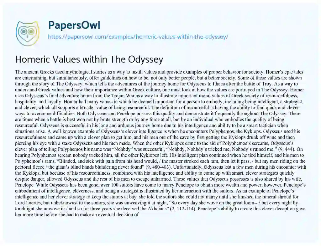 Essay on Homeric Values Within the Odyssey