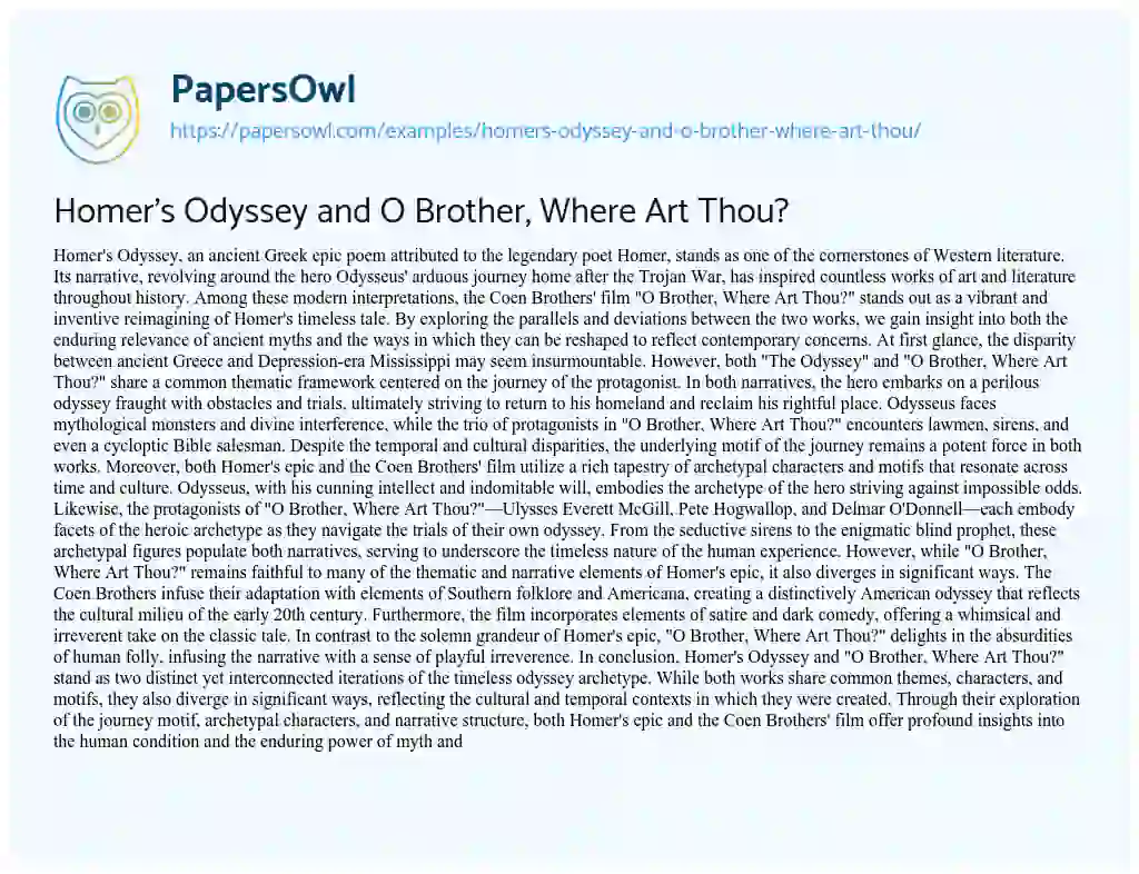 Essay on Homer’s Odyssey and O Brother, where Art Thou?