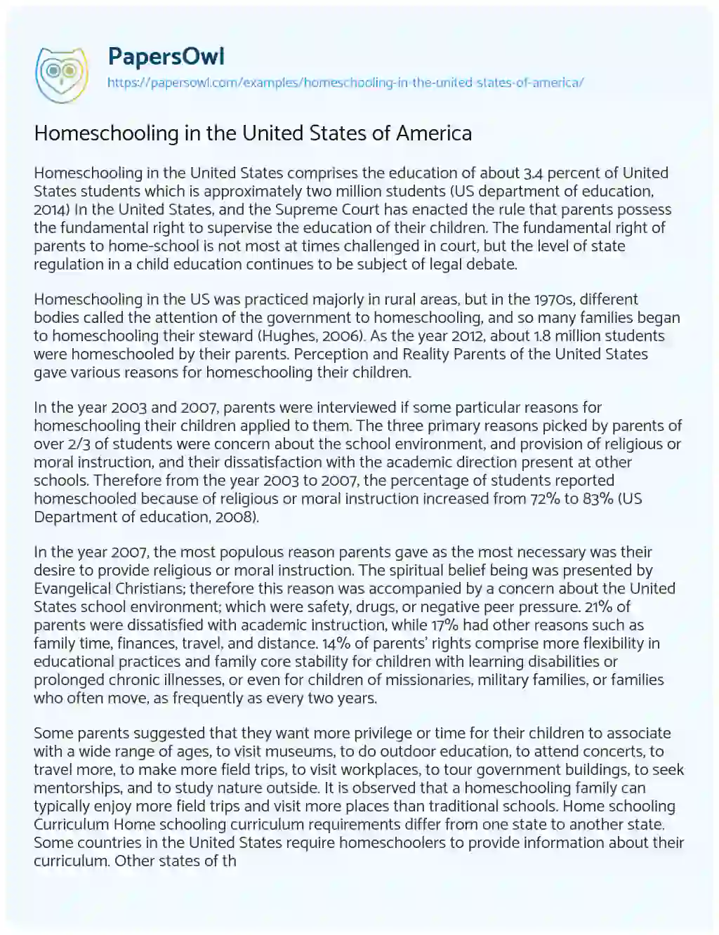 Homeschooling in the United States of America essay