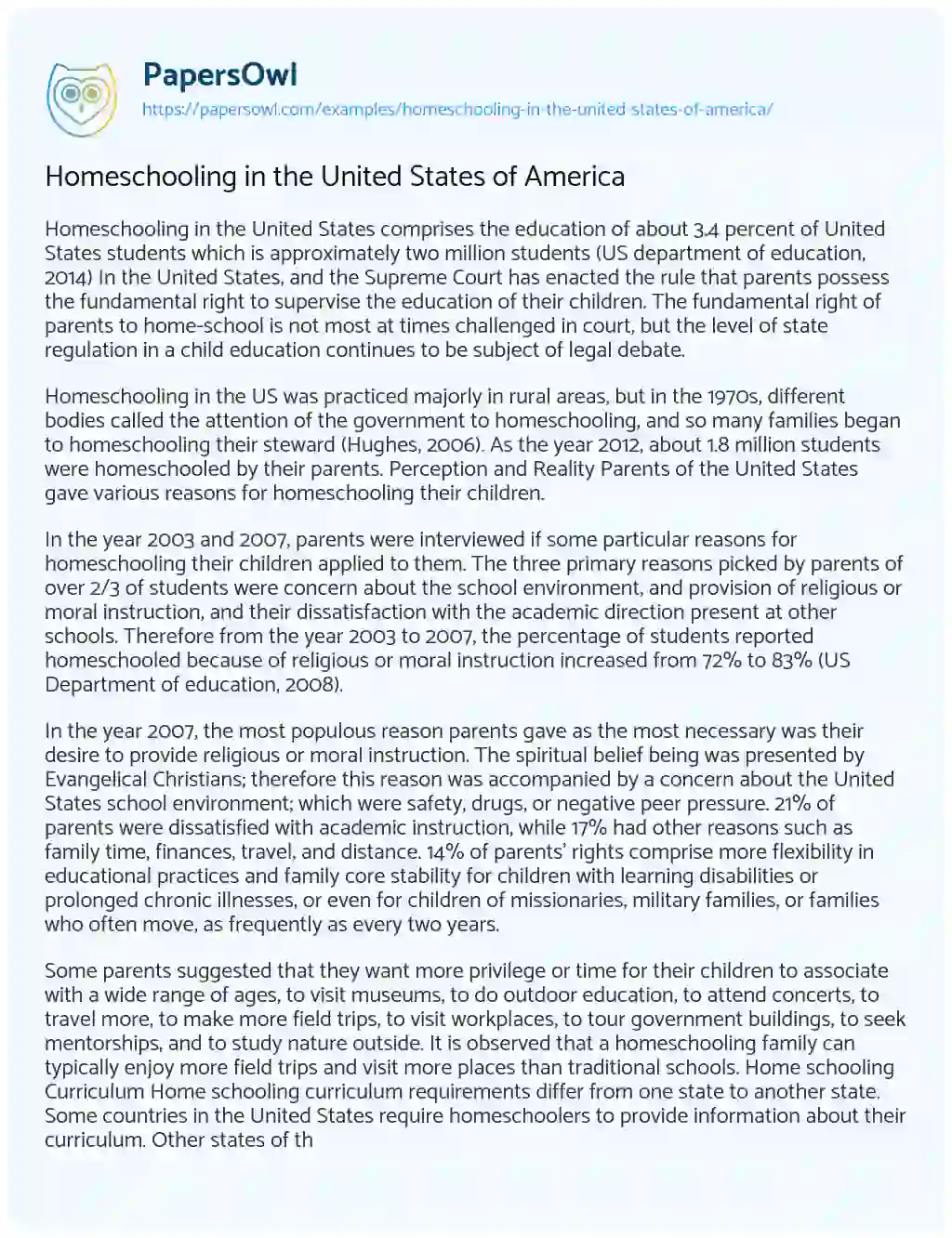 Essay on Homeschooling in the United States of America