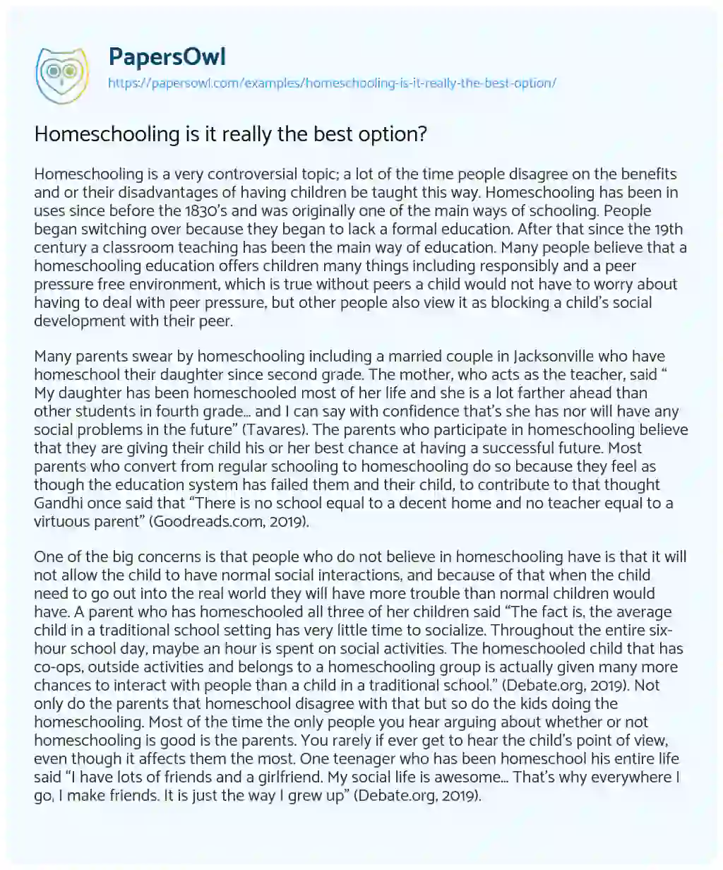 Essay on Homeschooling is it Really the Best Option?