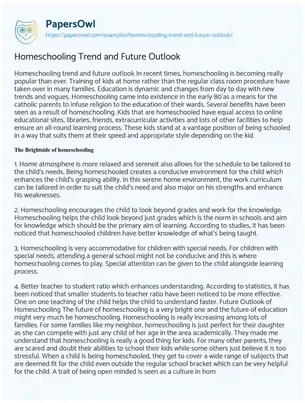 Essay on Homeschooling Trend and Future Outlook