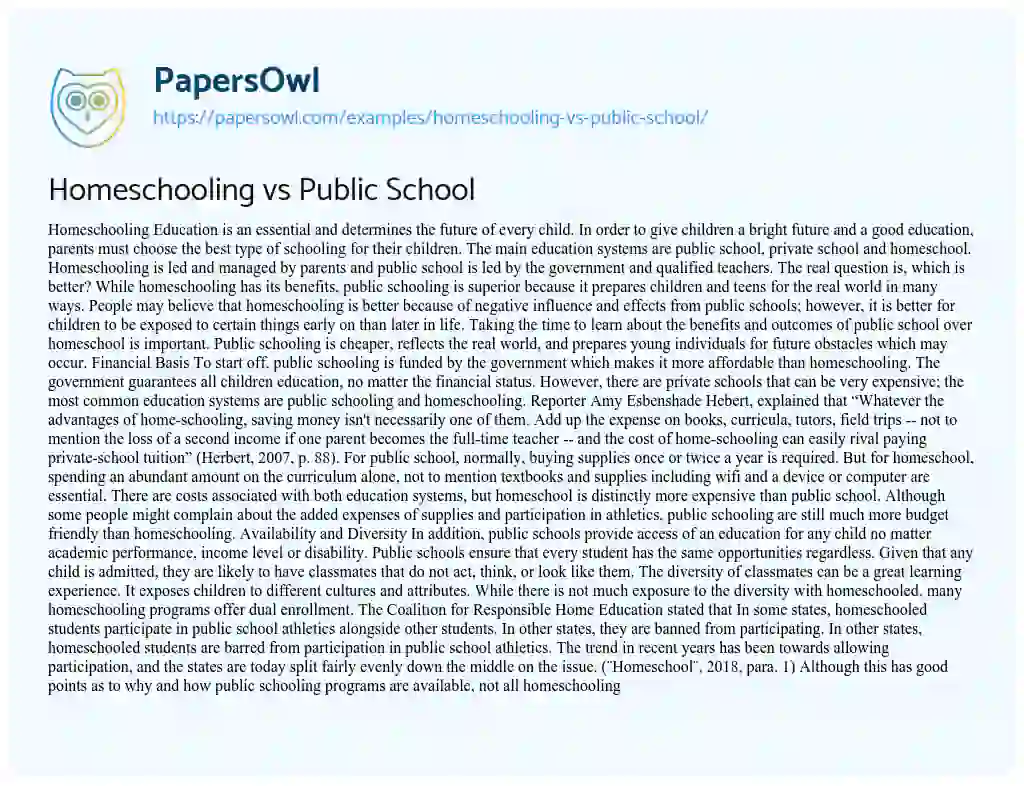 Essay on Homeschooling Vs Public School