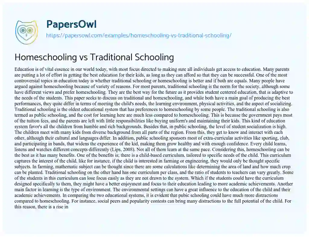 Essay on Homeschooling Vs Traditional Schooling