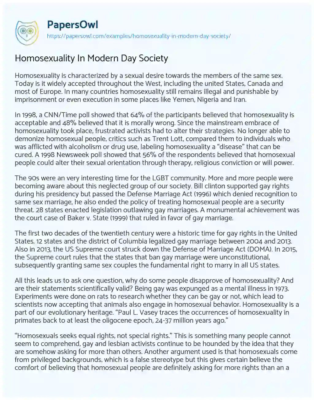 Essay on Homosexuality in Modern Day Society