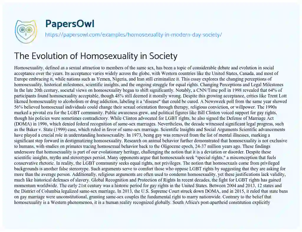 Essay on Homosexuality in Modern Day Society