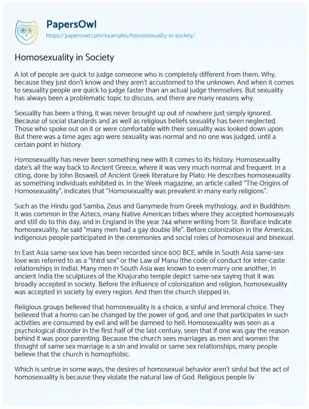 Essay on Homosexuality in Society