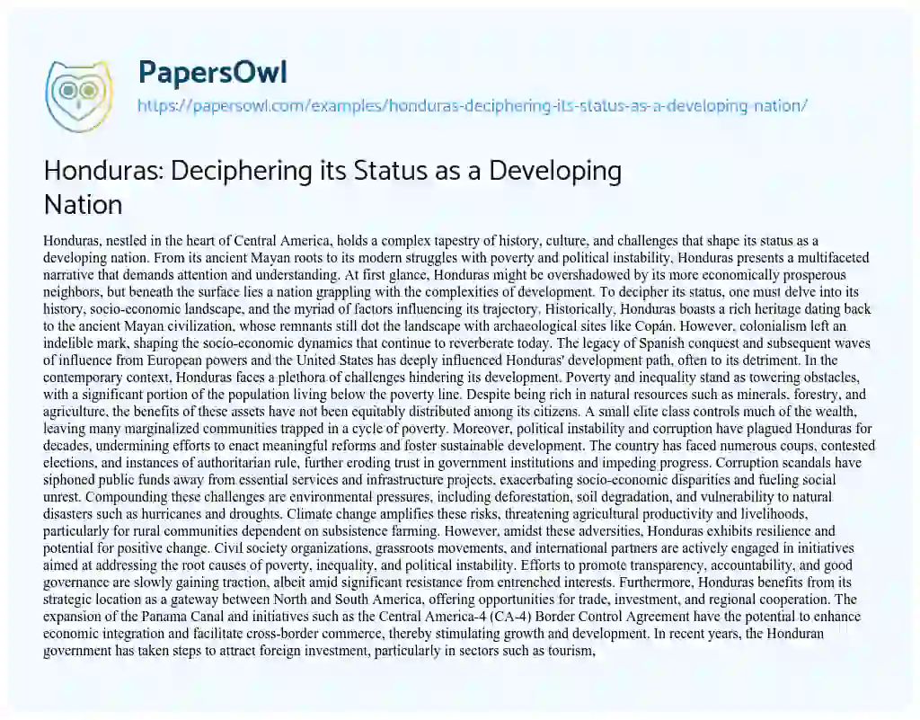 Essay on Honduras: Deciphering its Status as a Developing Nation