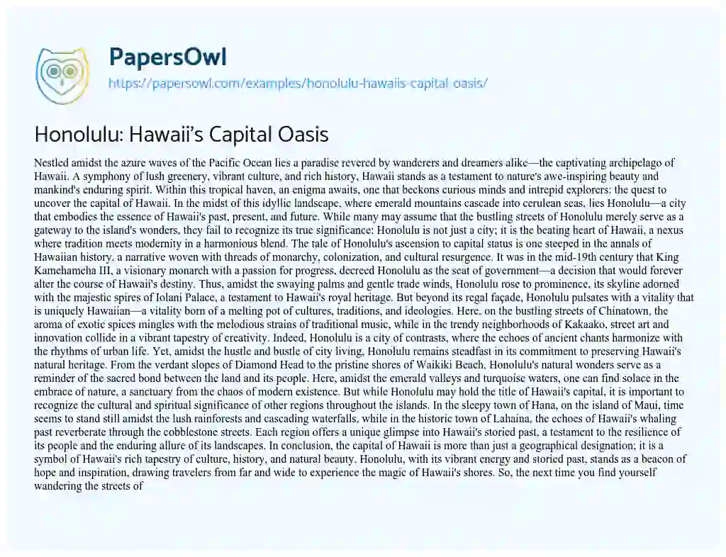 Essay on Honolulu: Hawaii’s Capital Oasis