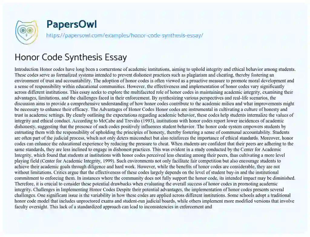 Essay on Honor Code Synthesis Essay