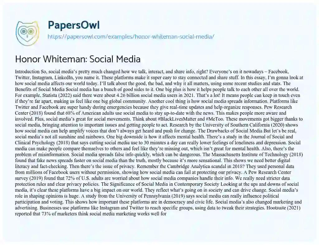 Essay on Honor Whiteman: Social Media