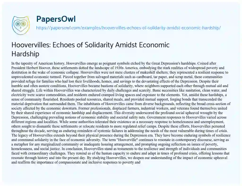 Essay on Hoovervilles: Echoes of Solidarity Amidst Economic Hardship