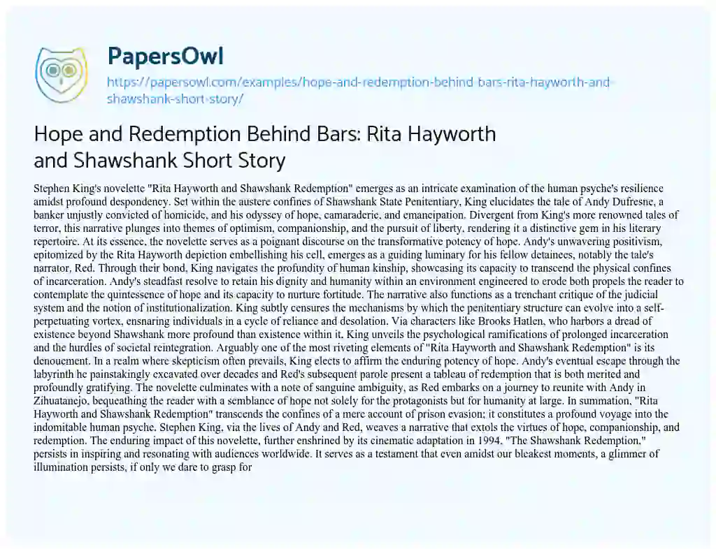 Essay on Hope and Redemption Behind Bars: Rita Hayworth and Shawshank Short Story