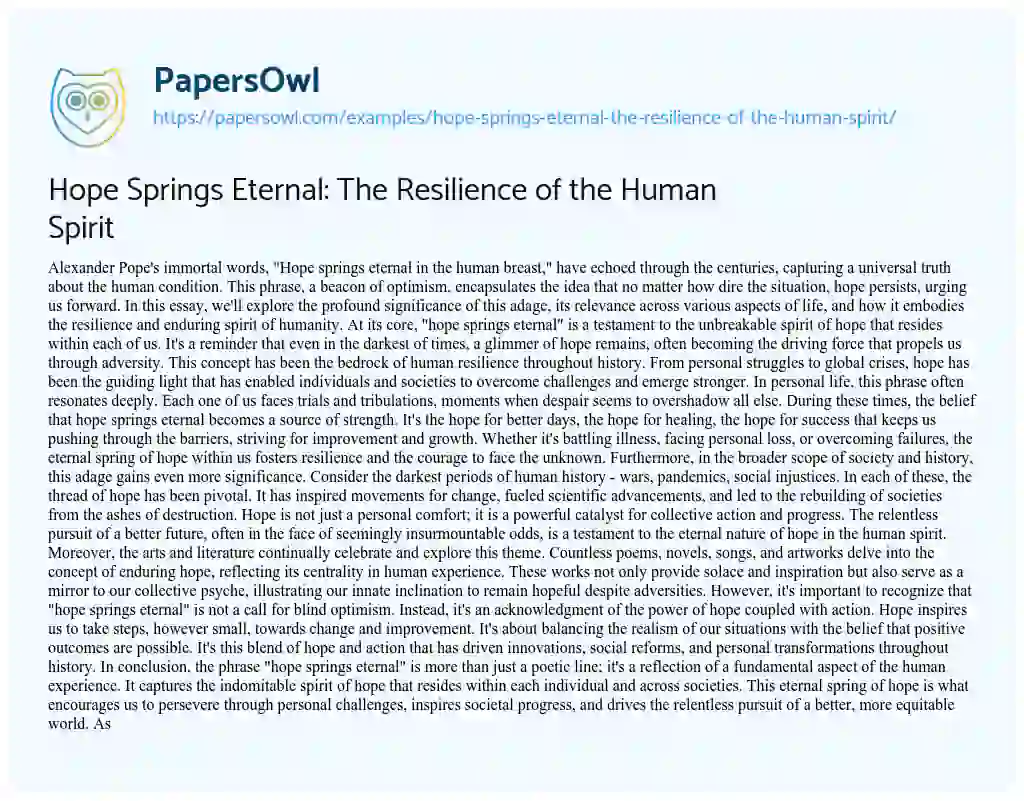 Essay on Hope Springs Eternal: the Resilience of the Human Spirit