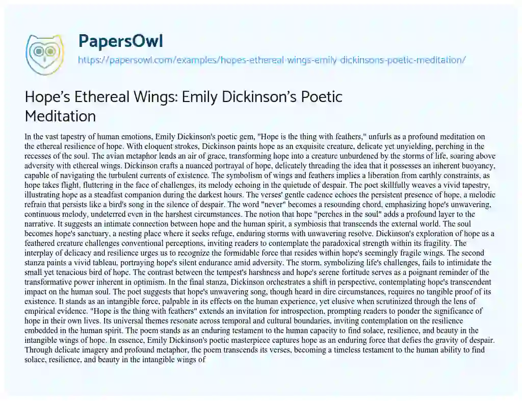 Essay on Hope’s Ethereal Wings: Emily Dickinson’s Poetic Meditation