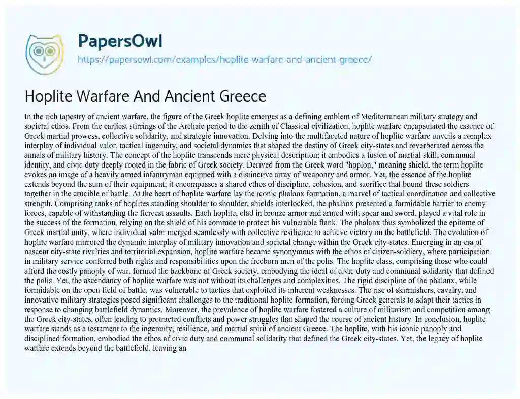 Essay on Hoplite Warfare and Ancient Greece