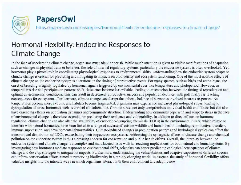 Essay on Hormonal Flexibility: Endocrine Responses to Climate Change