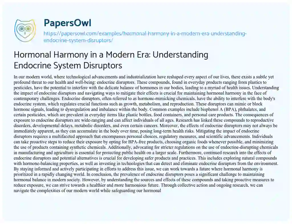 Essay on Hormonal Harmony in a Modern Era: Understanding Endocrine System Disruptors